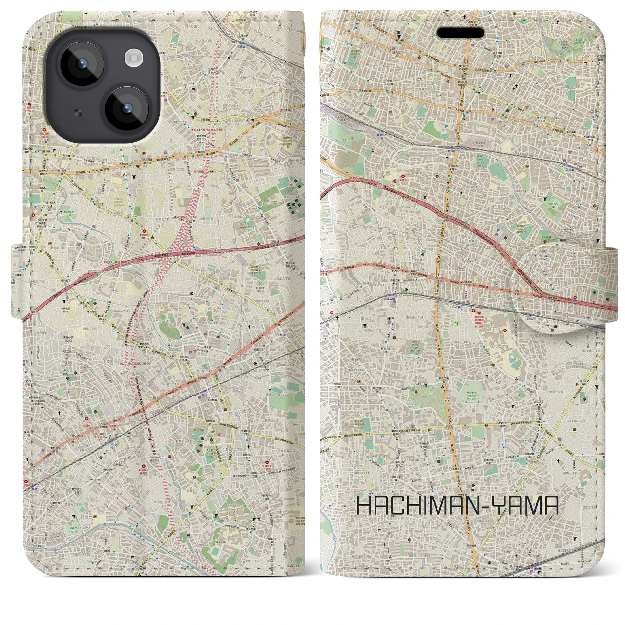 【八幡山】地図柄iPhoneケース（手帳両面タイプ・ナチュラル）iPhone 14 Plus 用