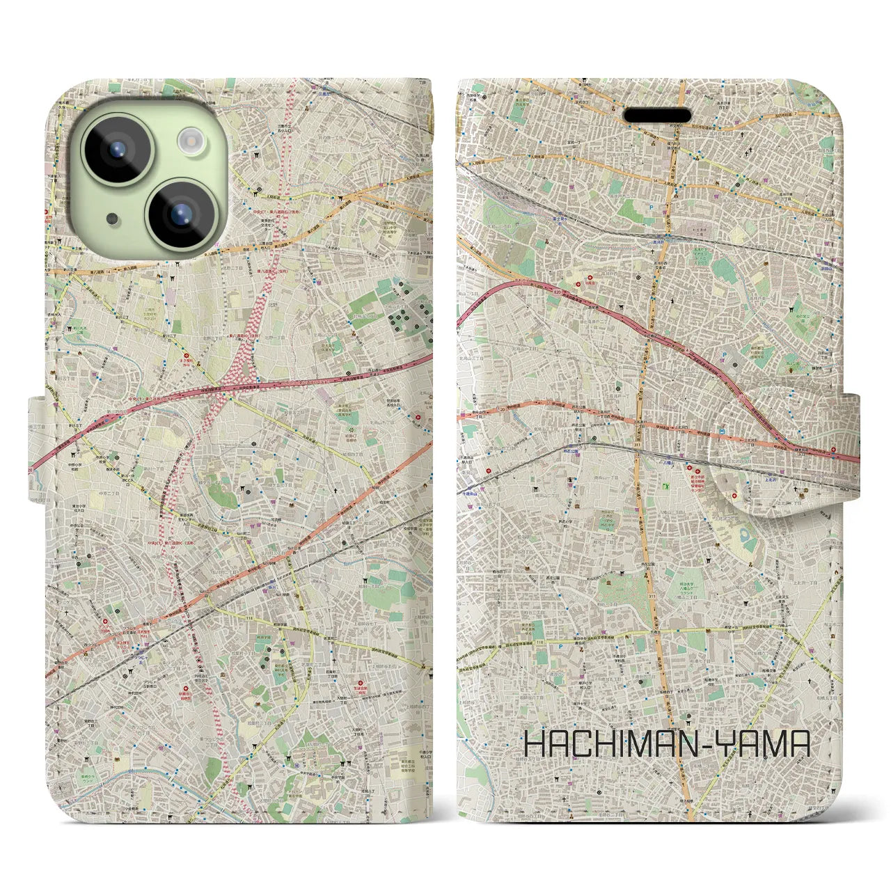 【八幡山】地図柄iPhoneケース（手帳両面タイプ・ナチュラル）iPhone 15 用