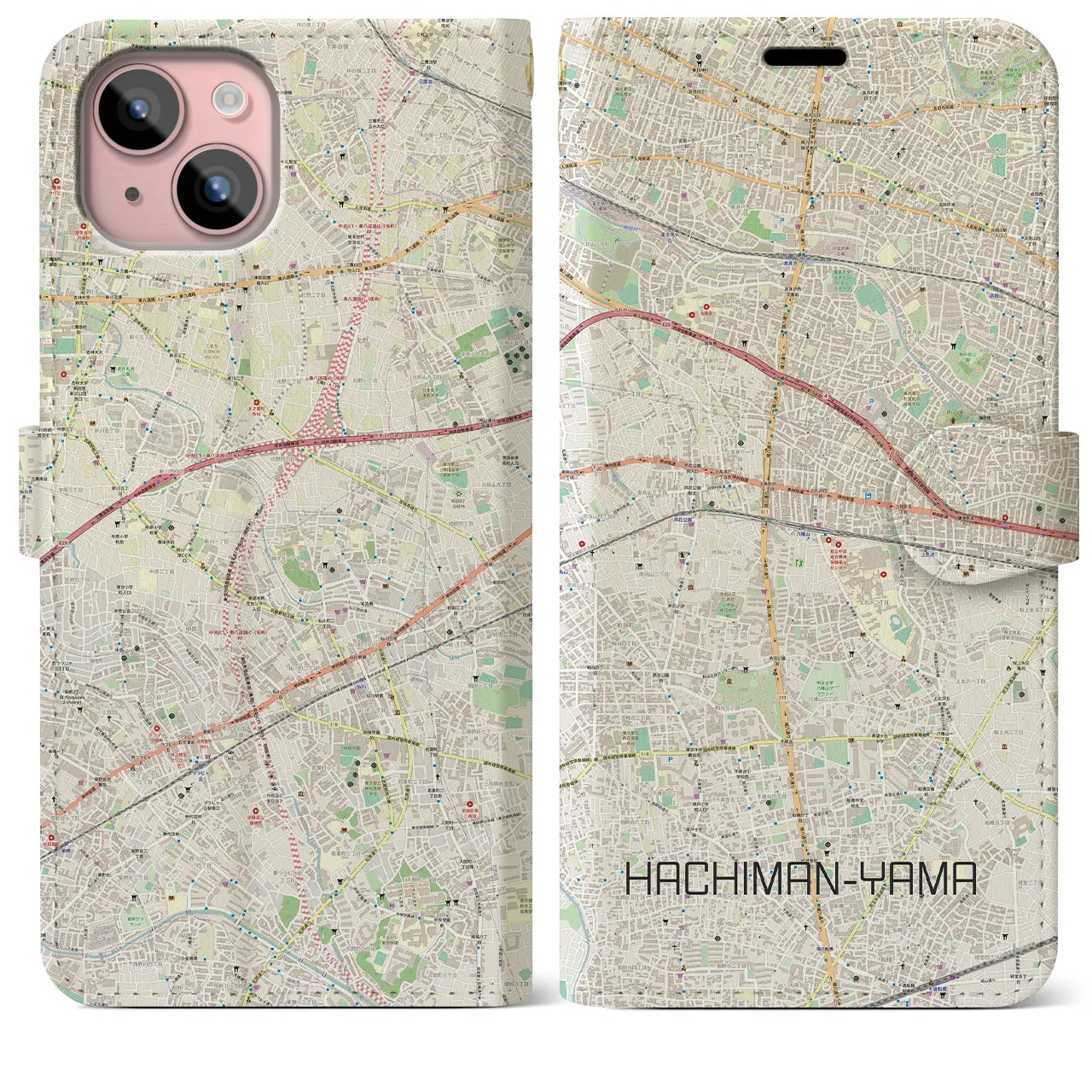 【八幡山】地図柄iPhoneケース（手帳両面タイプ・ナチュラル）iPhone 15 Plus 用