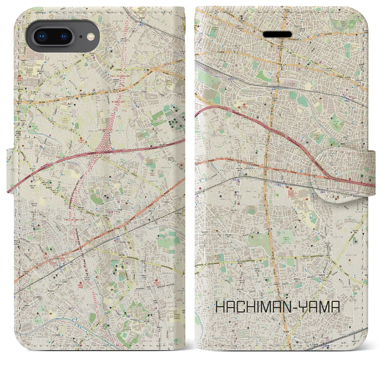 【八幡山】地図柄iPhoneケース（手帳両面タイプ・ナチュラル）iPhone 8Plus /7Plus / 6sPlus / 6Plus 用