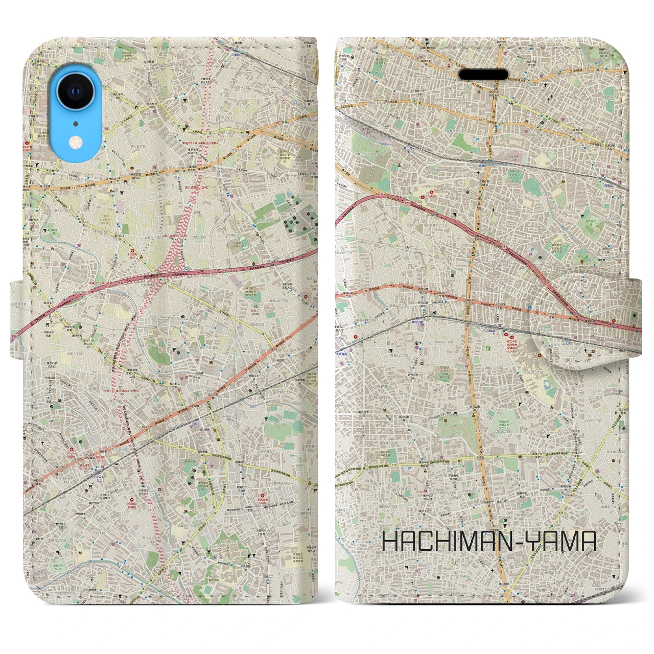 【八幡山】地図柄iPhoneケース（手帳両面タイプ・ナチュラル）iPhone XR 用