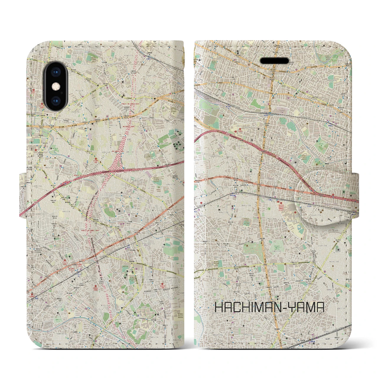 【八幡山】地図柄iPhoneケース（手帳両面タイプ・ナチュラル）iPhone XS / X 用