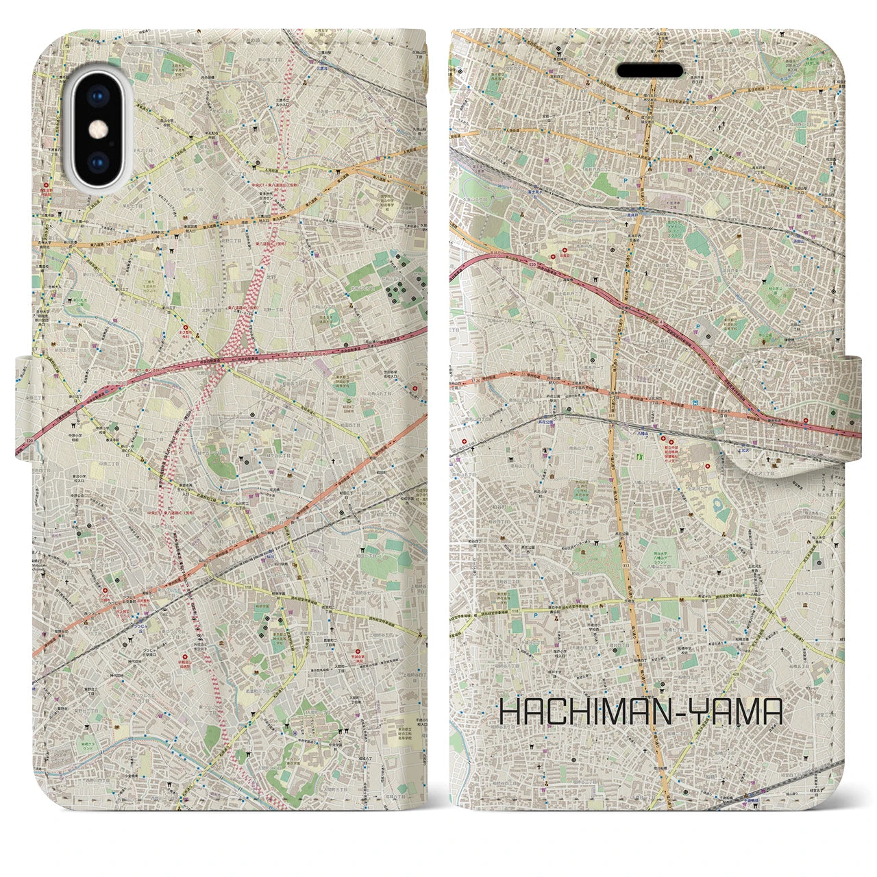 【八幡山】地図柄iPhoneケース（手帳両面タイプ・ナチュラル）iPhone XS Max 用