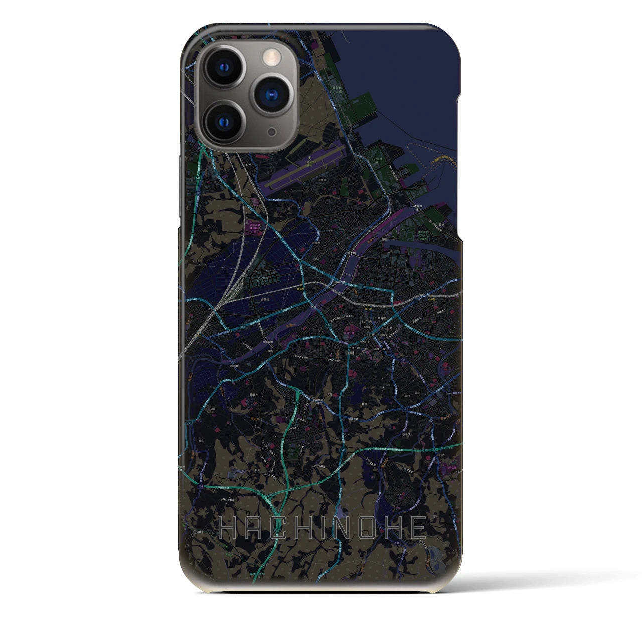 【八戸】地図柄iPhoneケース（バックカバータイプ・ブラック）iPhone 11 Pro Max 用