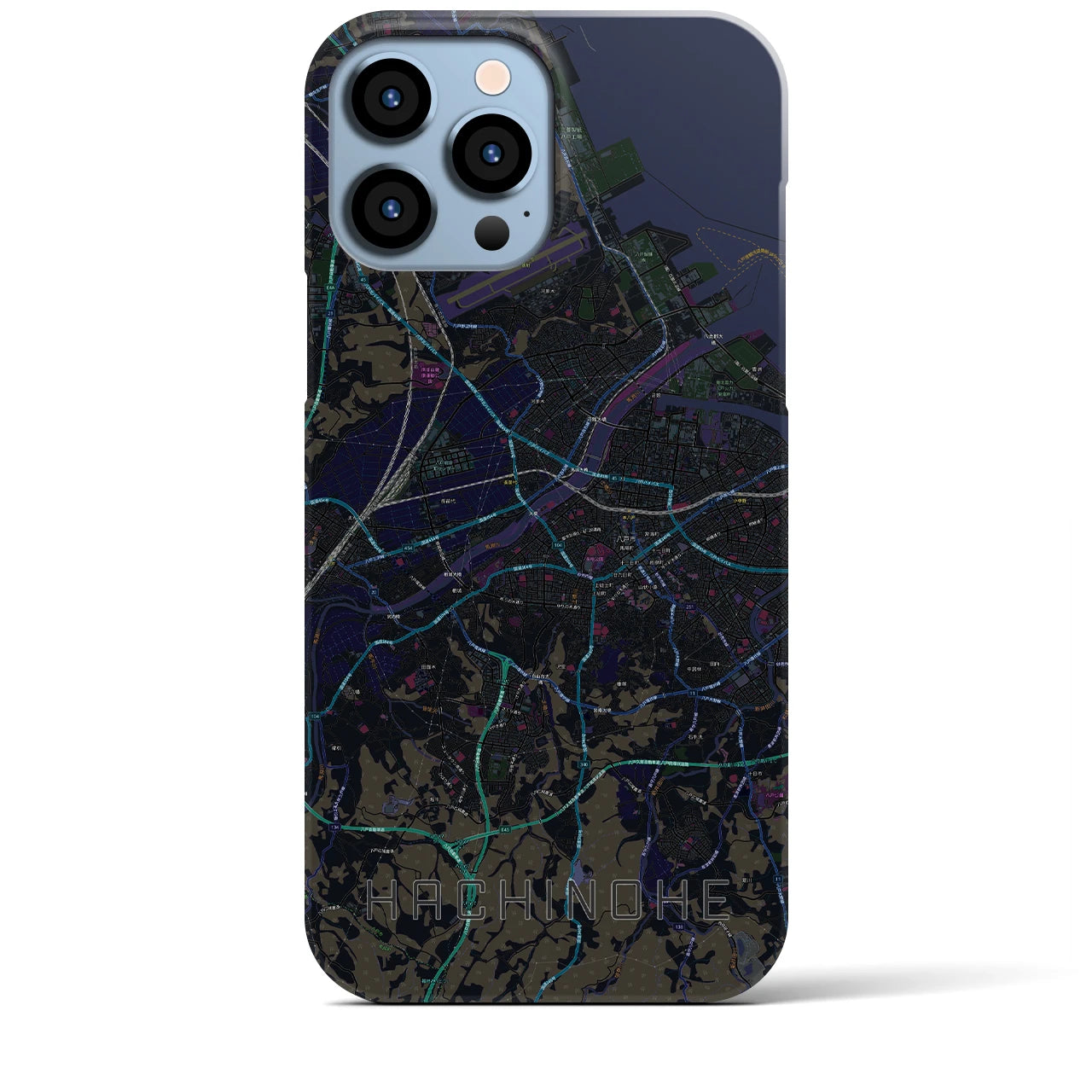 【八戸】地図柄iPhoneケース（バックカバータイプ・ブラック）iPhone 13 Pro Max 用
