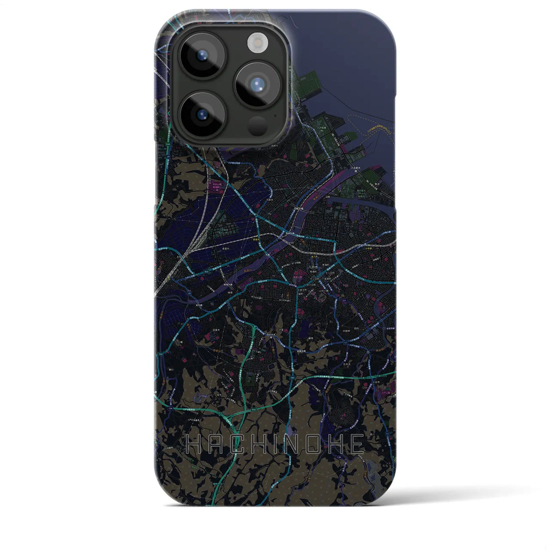 【八戸】地図柄iPhoneケース（バックカバータイプ・ブラック）iPhone 15 Pro Max 用