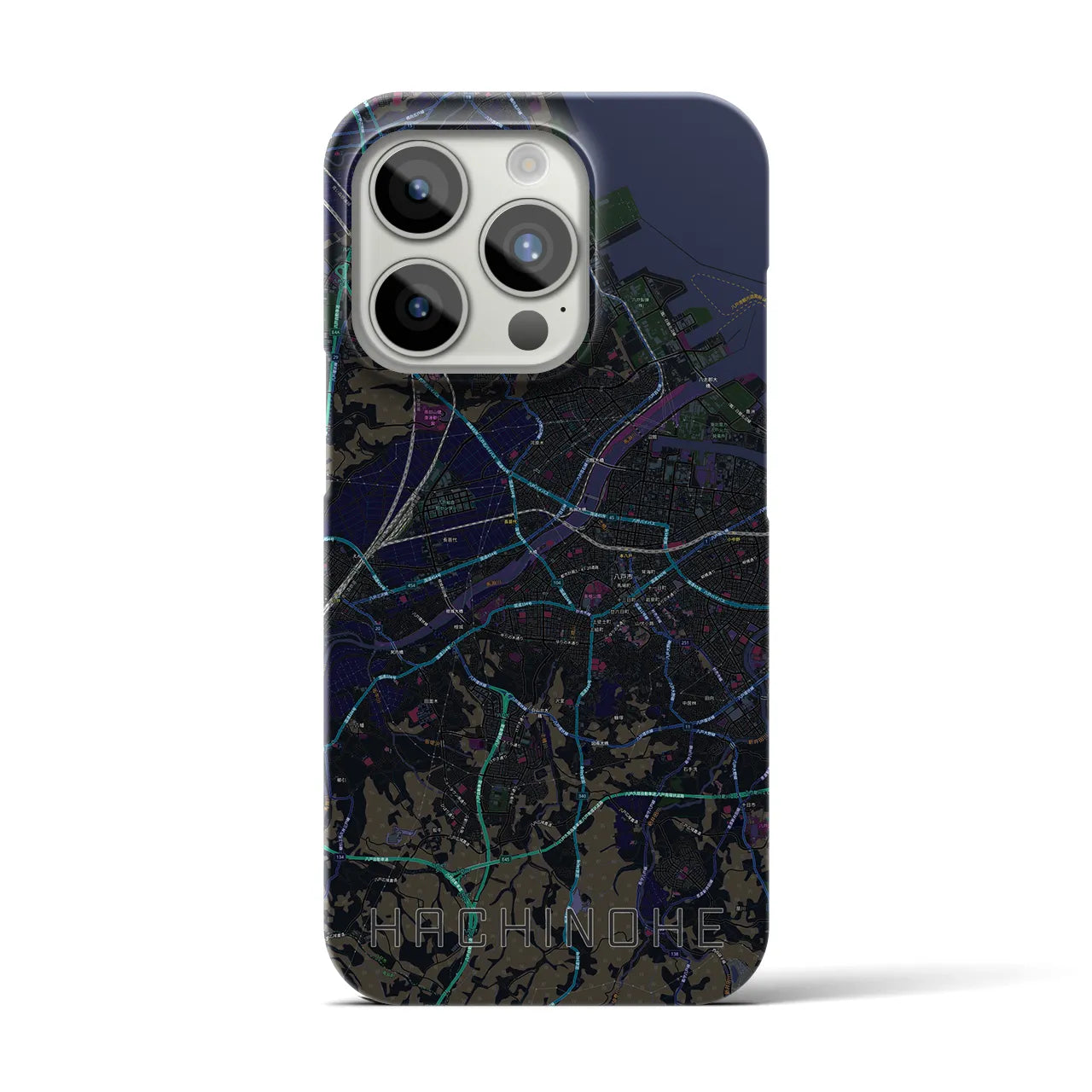 【八戸】地図柄iPhoneケース（バックカバータイプ・ブラック）iPhone 15 Pro 用