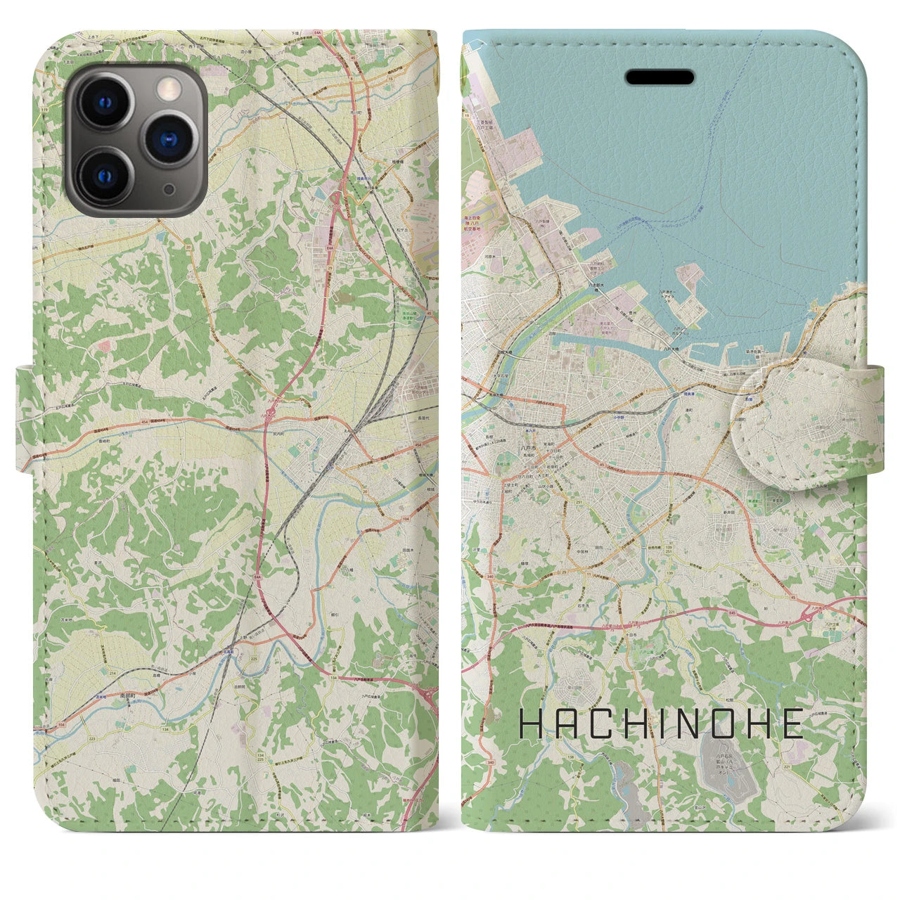 【八戸】地図柄iPhoneケース（手帳両面タイプ・ナチュラル）iPhone 11 Pro Max 用