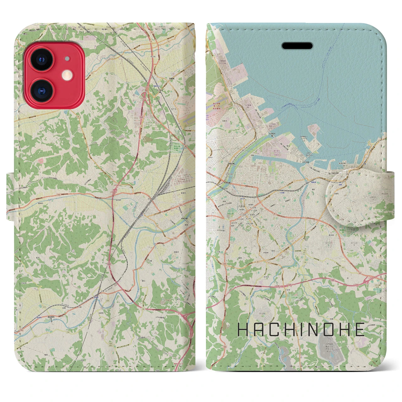 【八戸】地図柄iPhoneケース（手帳両面タイプ・ナチュラル）iPhone 11 用