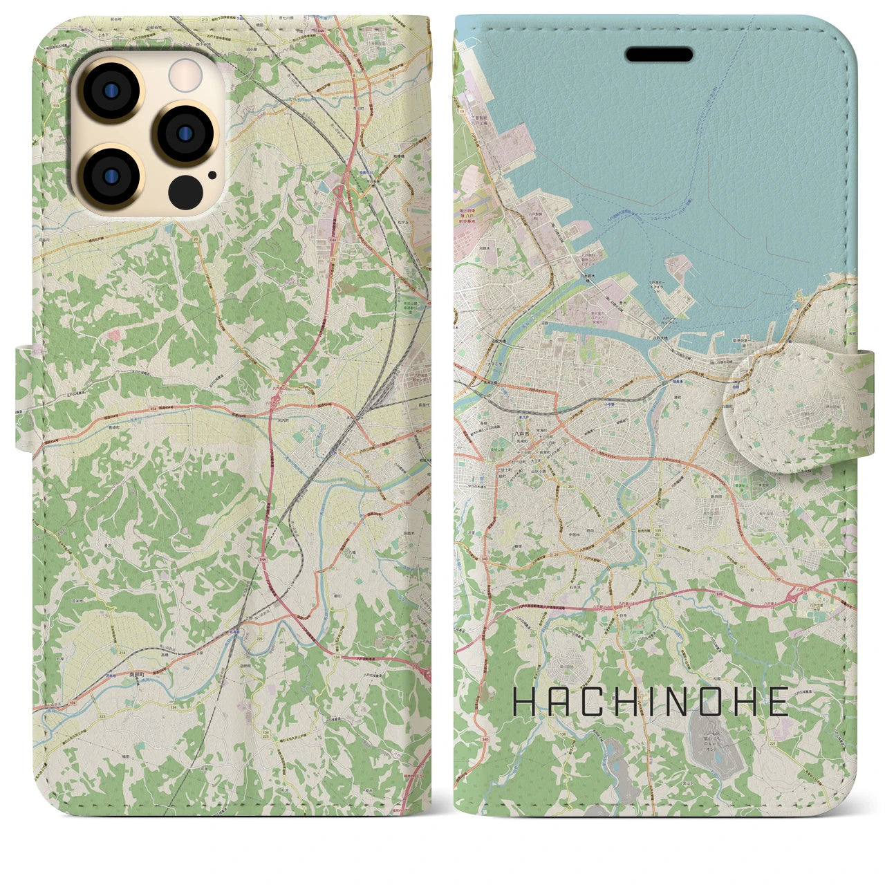 【八戸】地図柄iPhoneケース（手帳両面タイプ・ナチュラル）iPhone 12 Pro Max 用