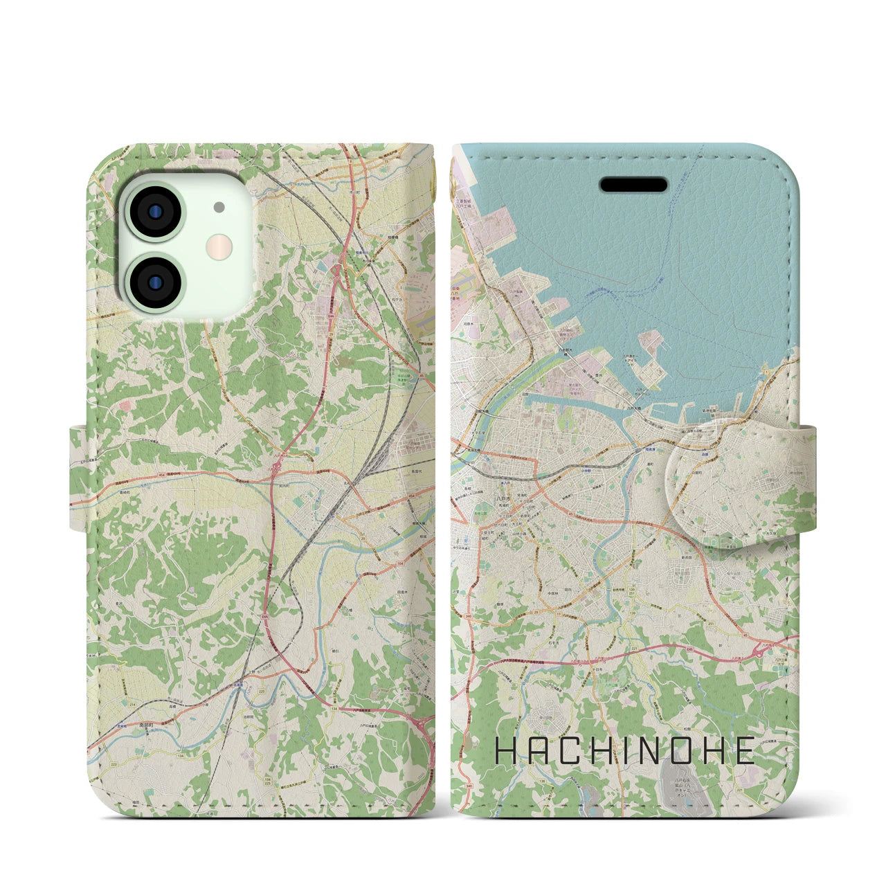 【八戸】地図柄iPhoneケース（手帳両面タイプ・ナチュラル）iPhone 12 mini 用