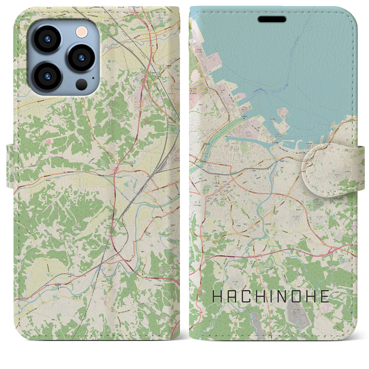 【八戸】地図柄iPhoneケース（手帳両面タイプ・ナチュラル）iPhone 13 Pro Max 用