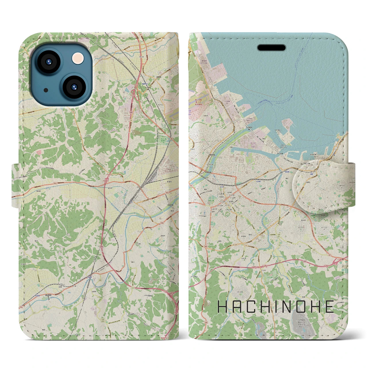 【八戸】地図柄iPhoneケース（手帳両面タイプ・ナチュラル）iPhone 13 用
