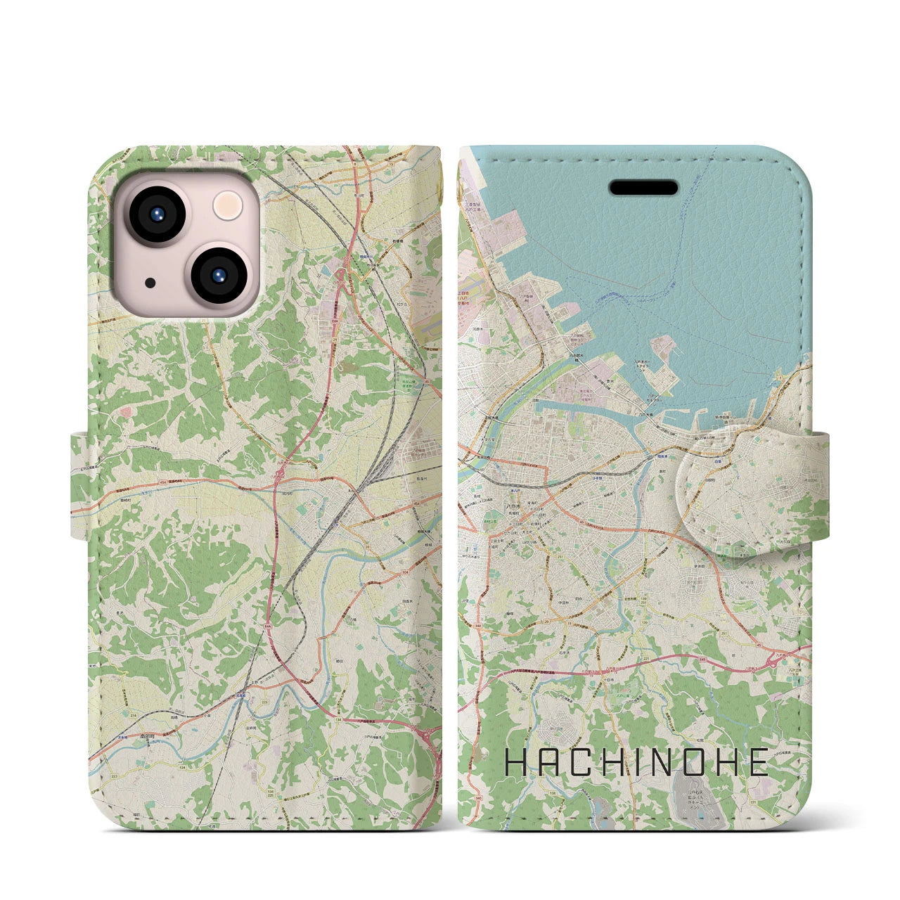 【八戸】地図柄iPhoneケース（手帳両面タイプ・ナチュラル）iPhone 13 mini 用