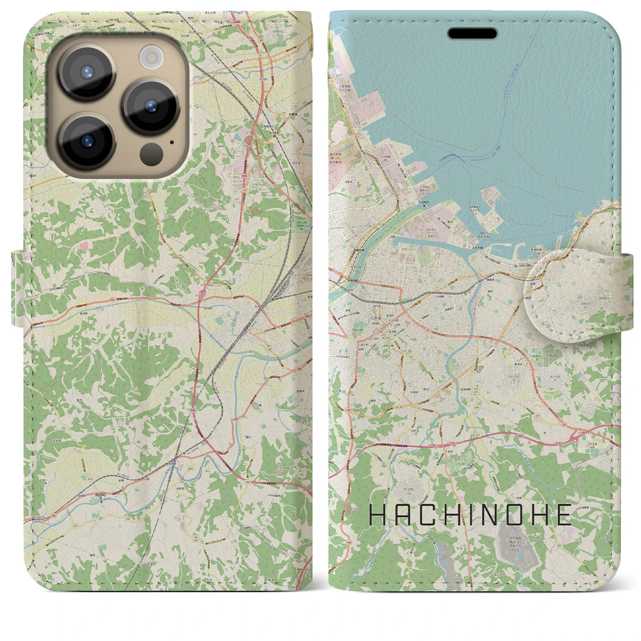 【八戸】地図柄iPhoneケース（手帳両面タイプ・ナチュラル）iPhone 14 Pro Max 用