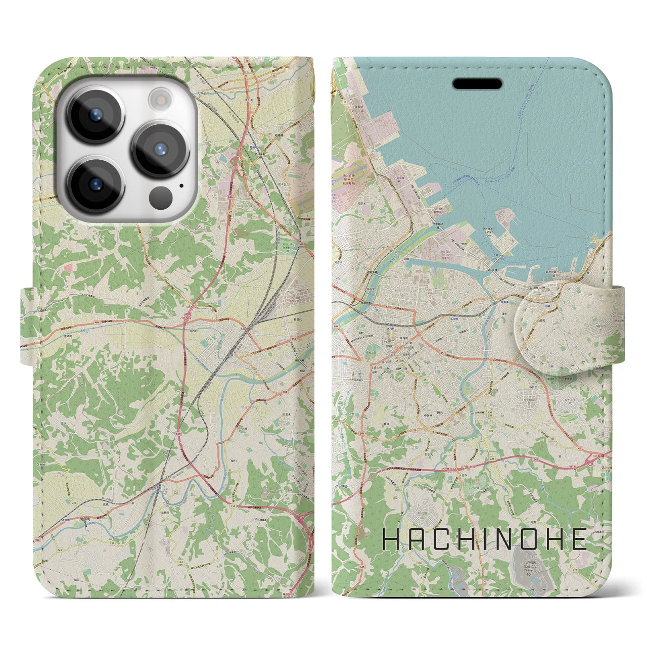 【八戸】地図柄iPhoneケース（手帳両面タイプ・ナチュラル）iPhone 14 Pro 用