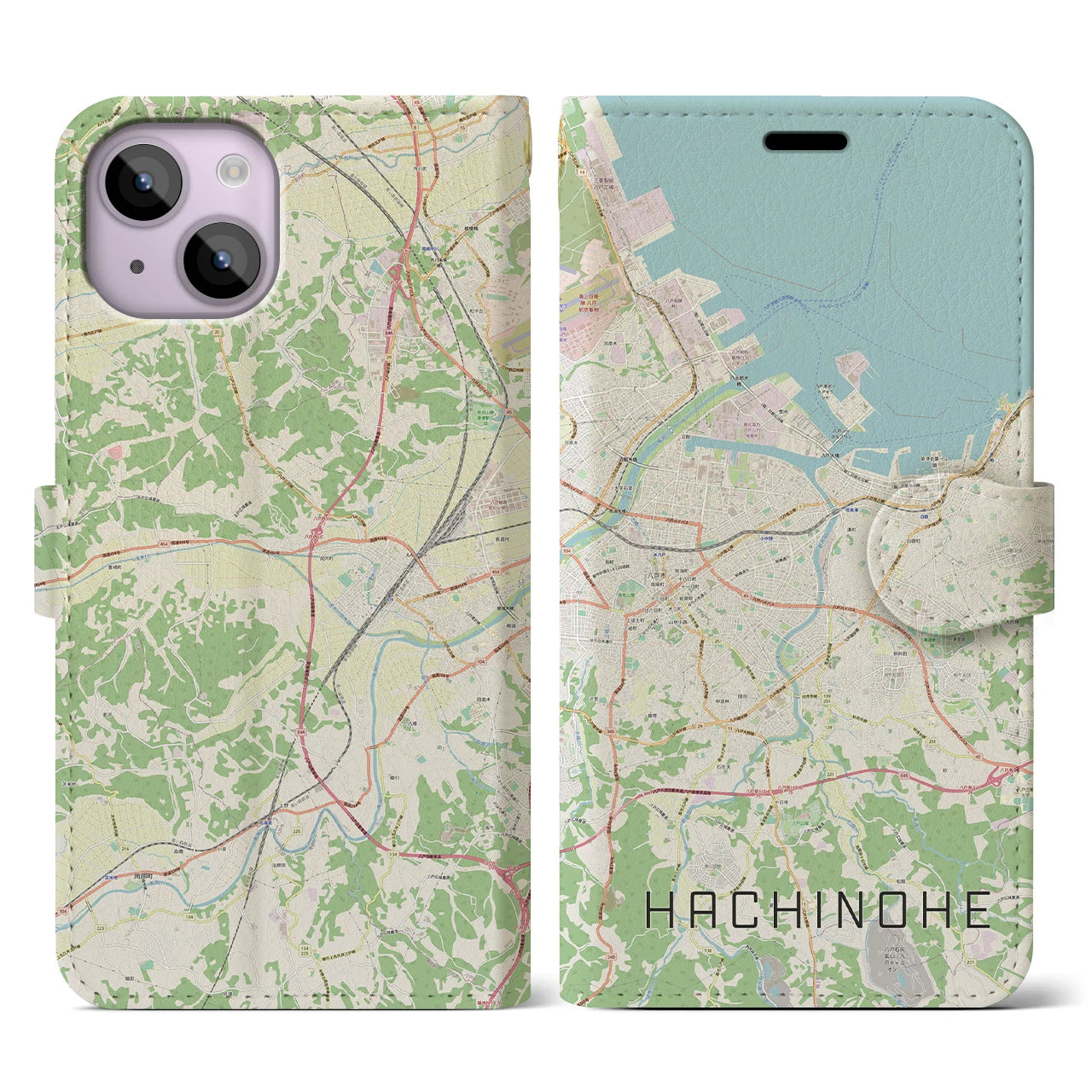 【八戸】地図柄iPhoneケース（手帳両面タイプ・ナチュラル）iPhone 14 用