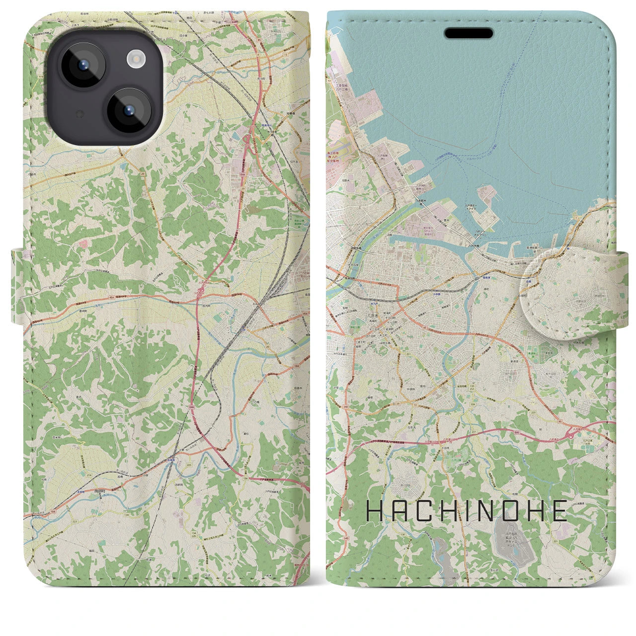 【八戸】地図柄iPhoneケース（手帳両面タイプ・ナチュラル）iPhone 14 Plus 用