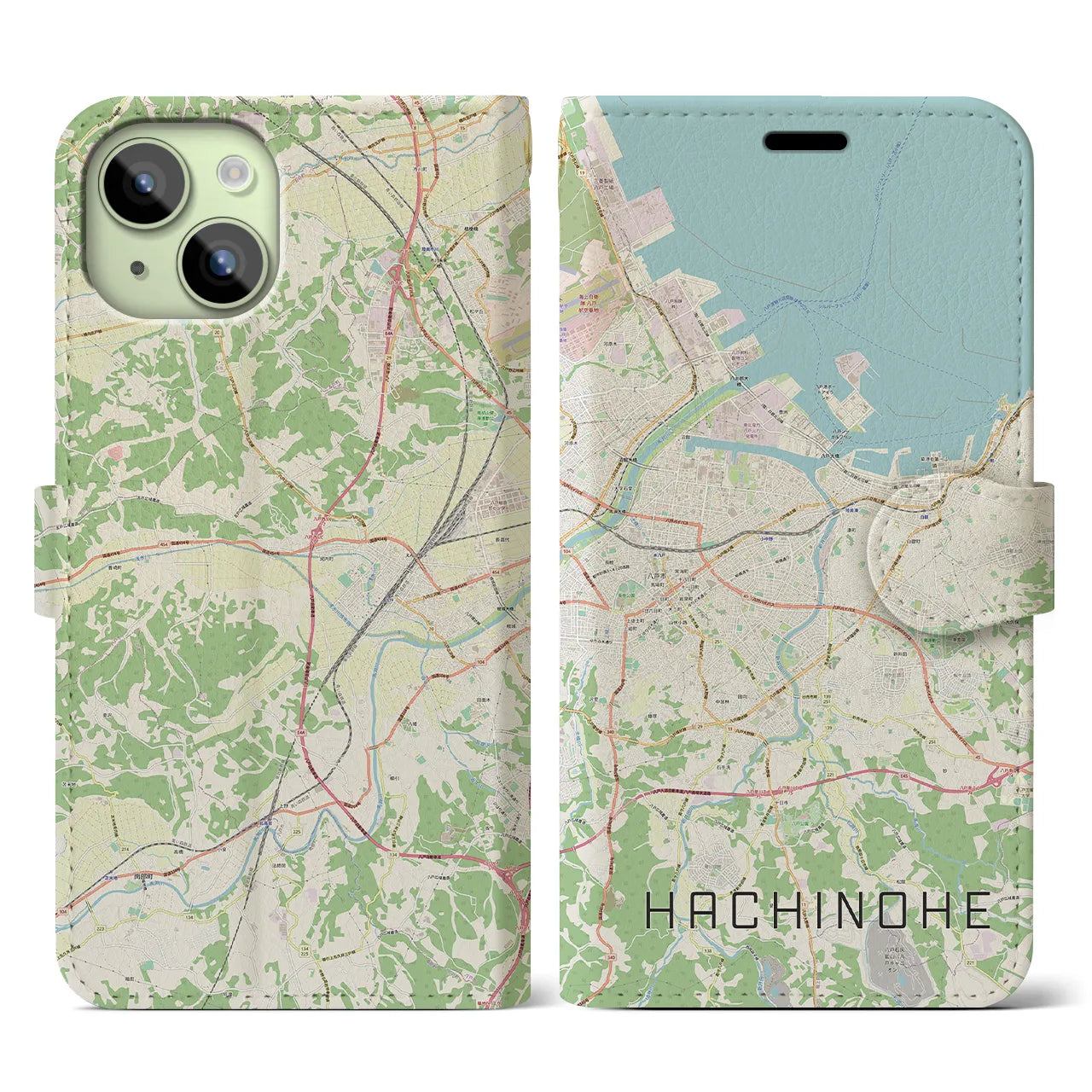 【八戸】地図柄iPhoneケース（手帳両面タイプ・ナチュラル）iPhone 15 用