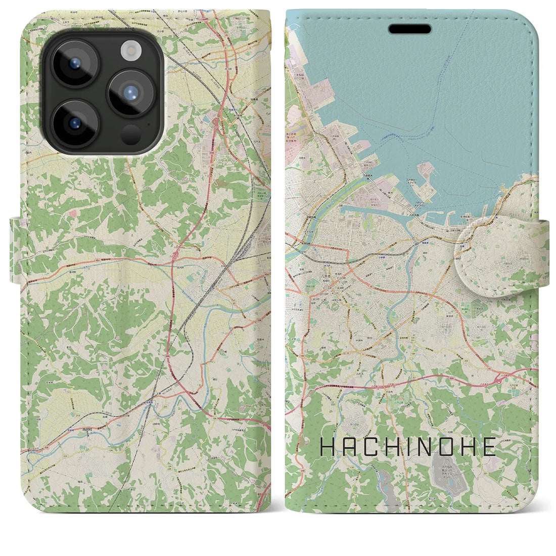 【八戸】地図柄iPhoneケース（手帳両面タイプ・ナチュラル）iPhone 15 Pro Max 用