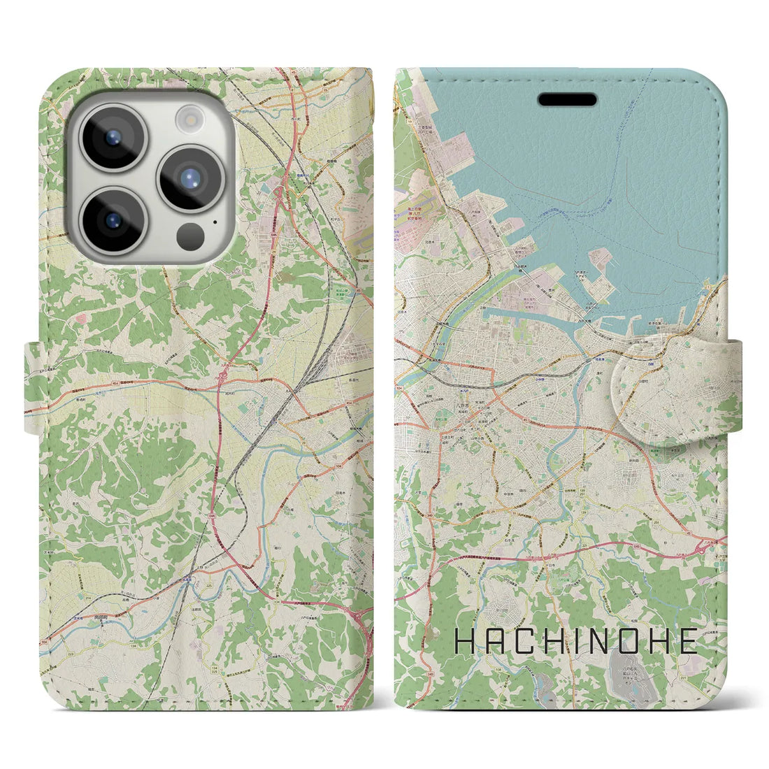 【八戸】地図柄iPhoneケース（手帳両面タイプ・ナチュラル）iPhone 15 Pro 用