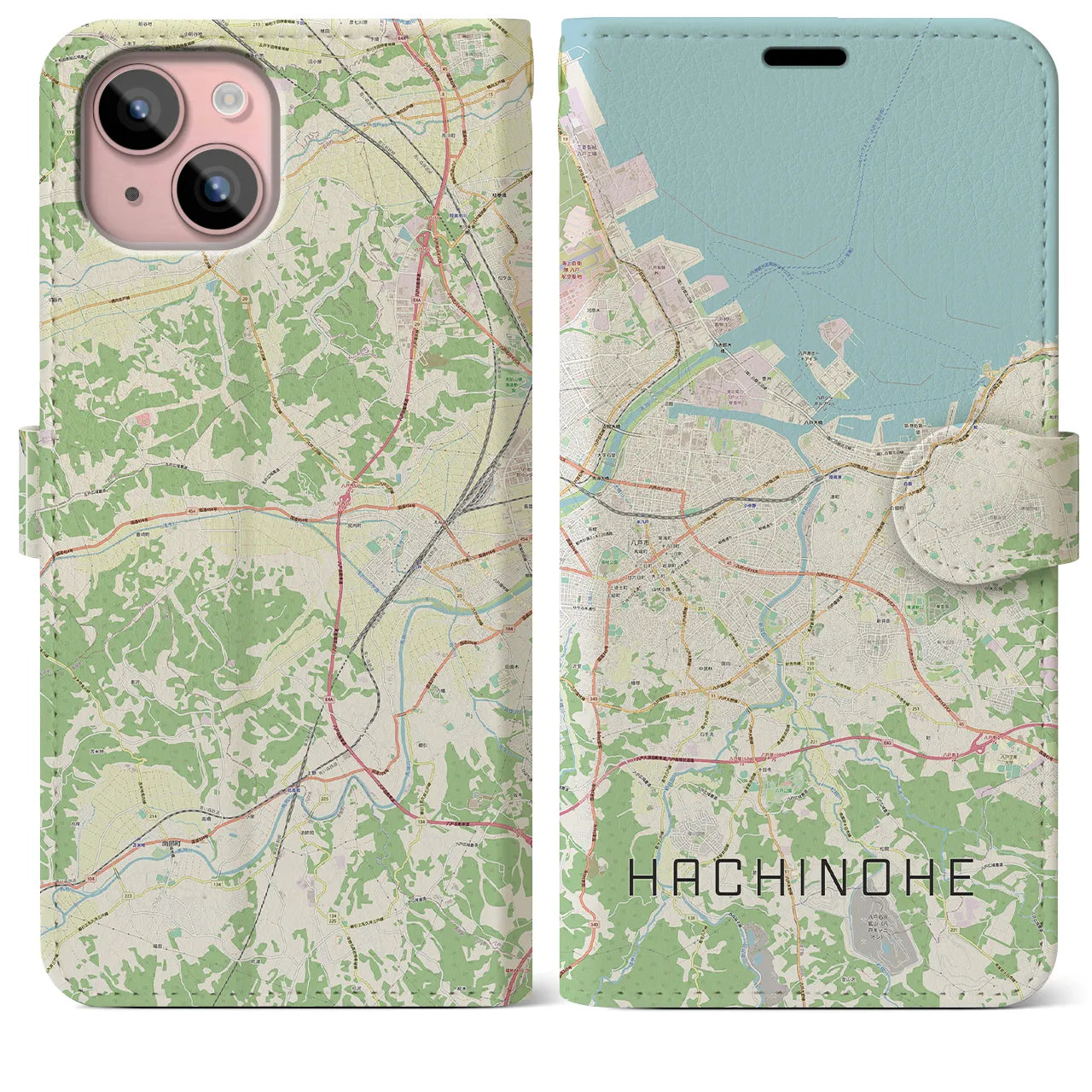 【八戸】地図柄iPhoneケース（手帳両面タイプ・ナチュラル）iPhone 15 Plus 用