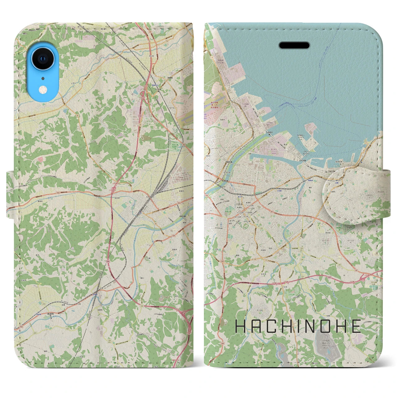 【八戸】地図柄iPhoneケース（手帳両面タイプ・ナチュラル）iPhone XR 用