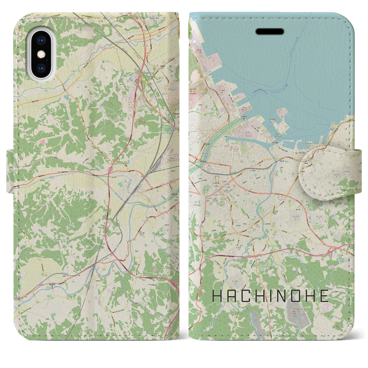 【八戸】地図柄iPhoneケース（手帳両面タイプ・ナチュラル）iPhone XS Max 用