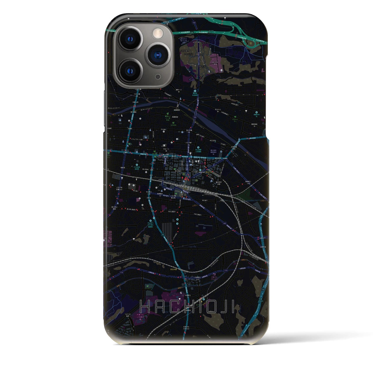 【八王子】地図柄iPhoneケース（バックカバータイプ・ブラック）iPhone 11 Pro Max 用