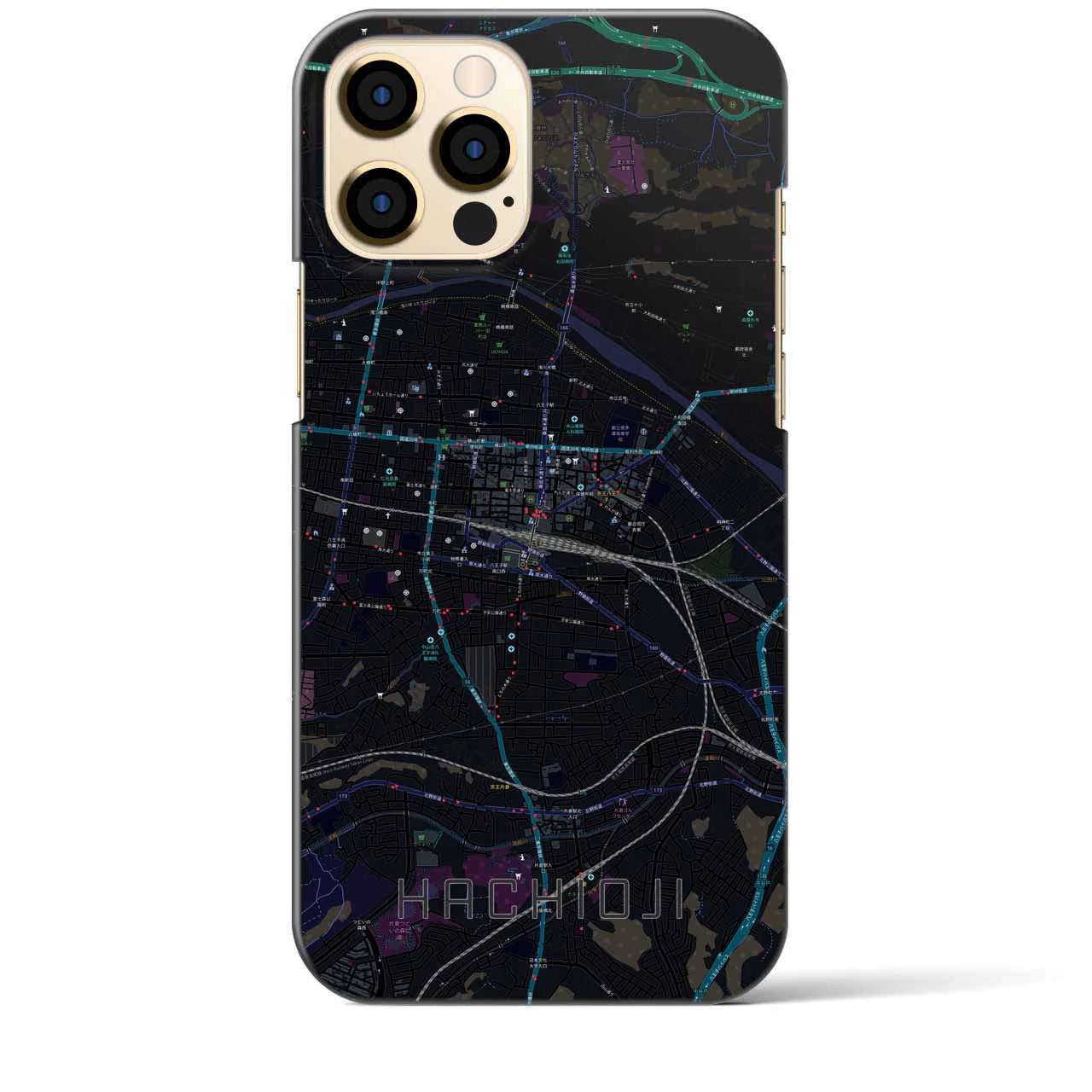 【八王子】地図柄iPhoneケース（バックカバータイプ・ブラック）iPhone 12 Pro Max 用