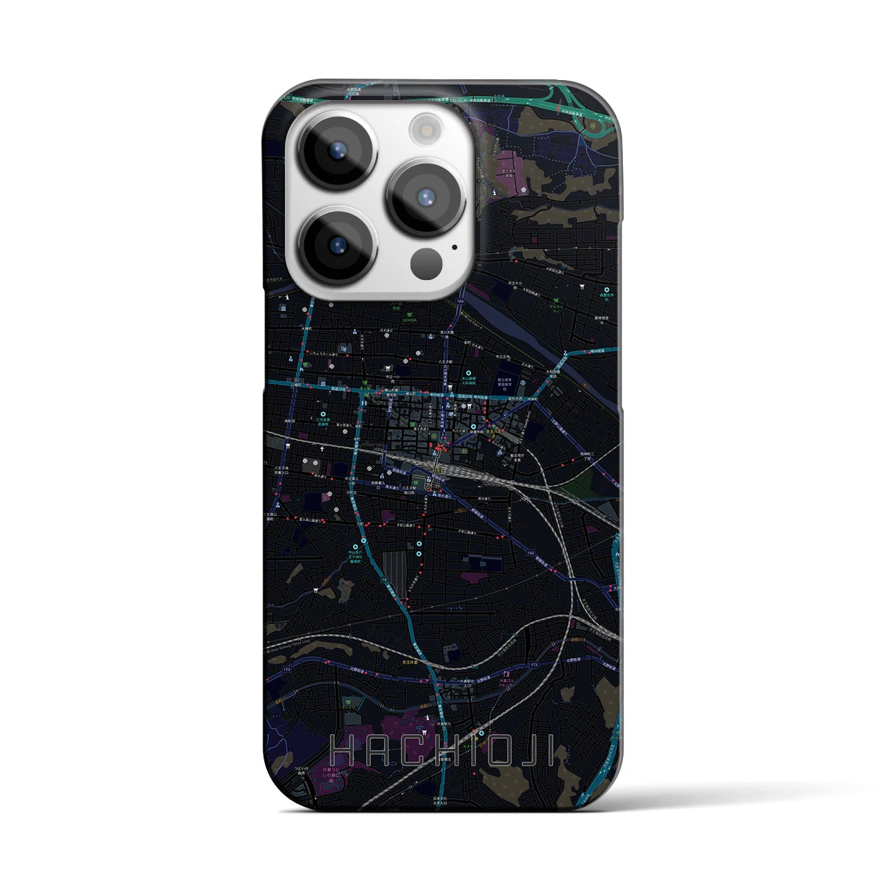【八王子】地図柄iPhoneケース（バックカバータイプ・ブラック）iPhone 14 Pro 用