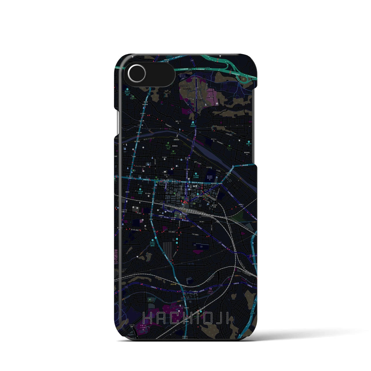 【八王子】地図柄iPhoneケース（バックカバータイプ・ブラック）iPhone SE（第3 / 第2世代） / 8 / 7 / 6s / 6 用