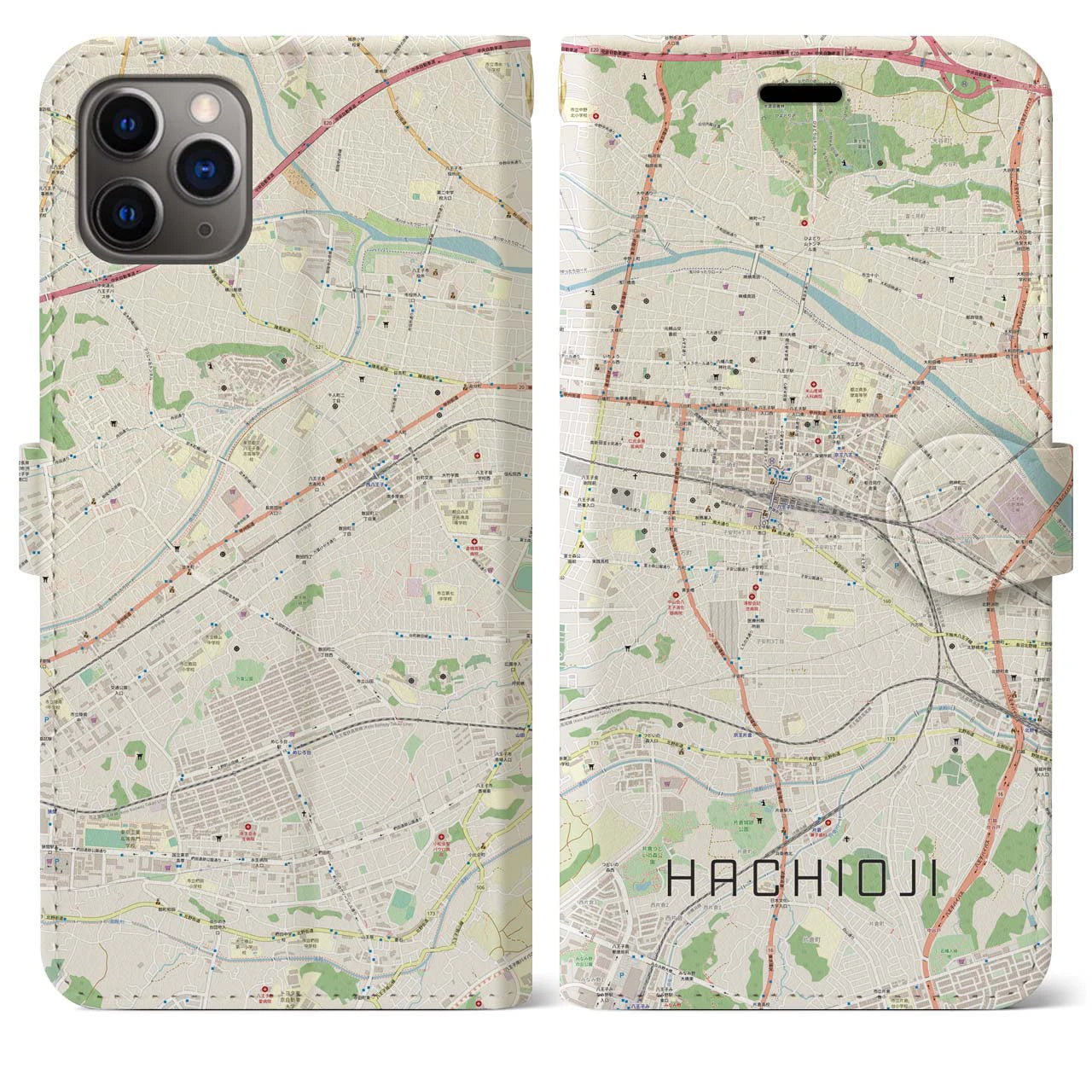 【八王子】地図柄iPhoneケース（手帳両面タイプ・ナチュラル）iPhone 11 Pro Max 用