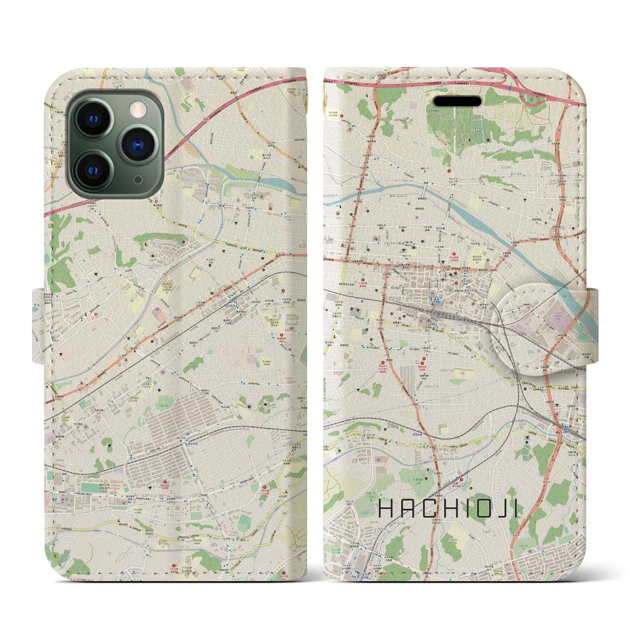 【八王子】地図柄iPhoneケース（手帳両面タイプ・ナチュラル）iPhone 11 Pro 用