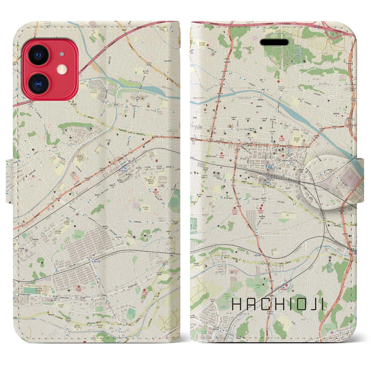 【八王子】地図柄iPhoneケース（手帳両面タイプ・ナチュラル）iPhone 11 用