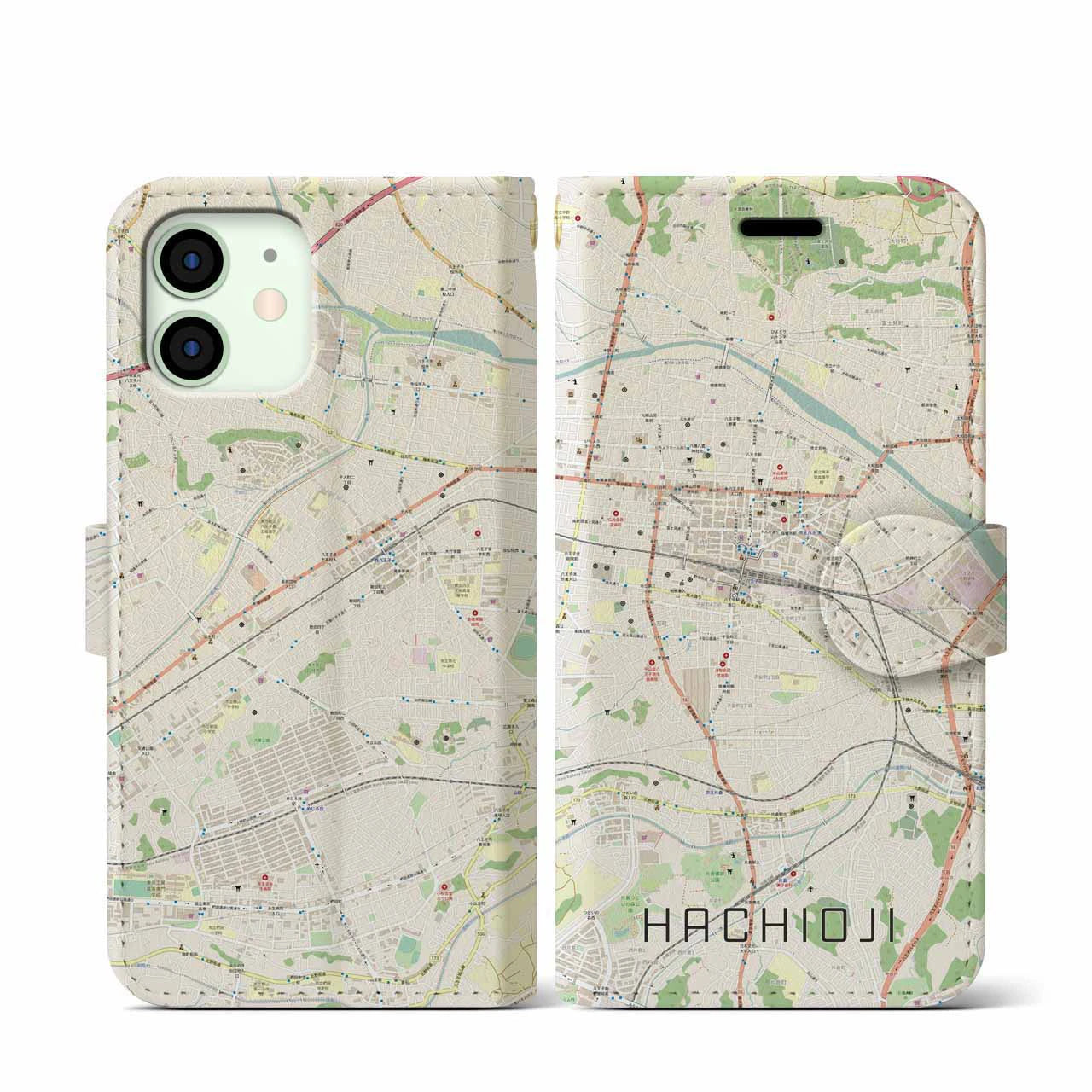 【八王子】地図柄iPhoneケース（手帳両面タイプ・ナチュラル）iPhone 12 mini 用
