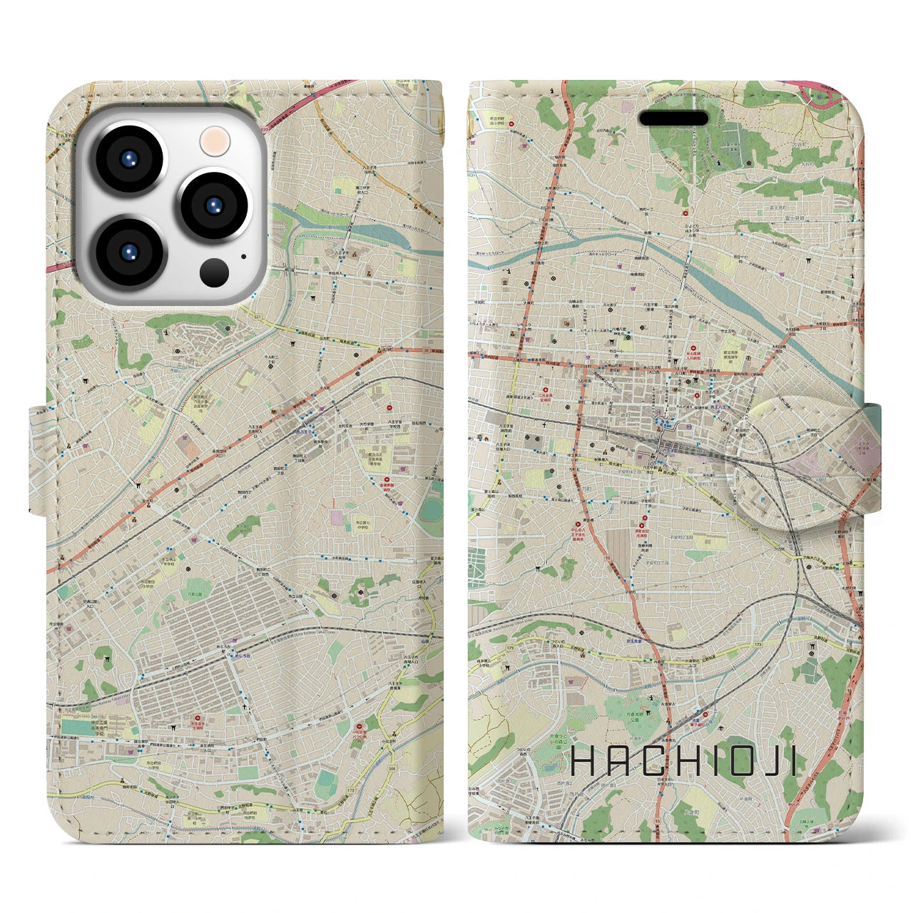 【八王子】地図柄iPhoneケース（手帳両面タイプ・ナチュラル）iPhone 13 Pro 用