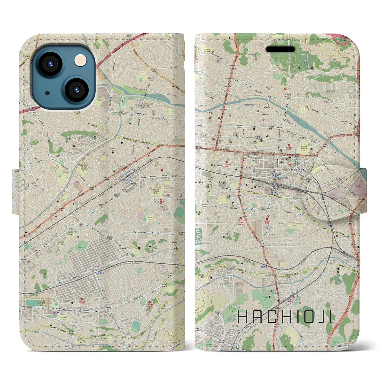 【八王子】地図柄iPhoneケース（手帳両面タイプ・ナチュラル）iPhone 13 用