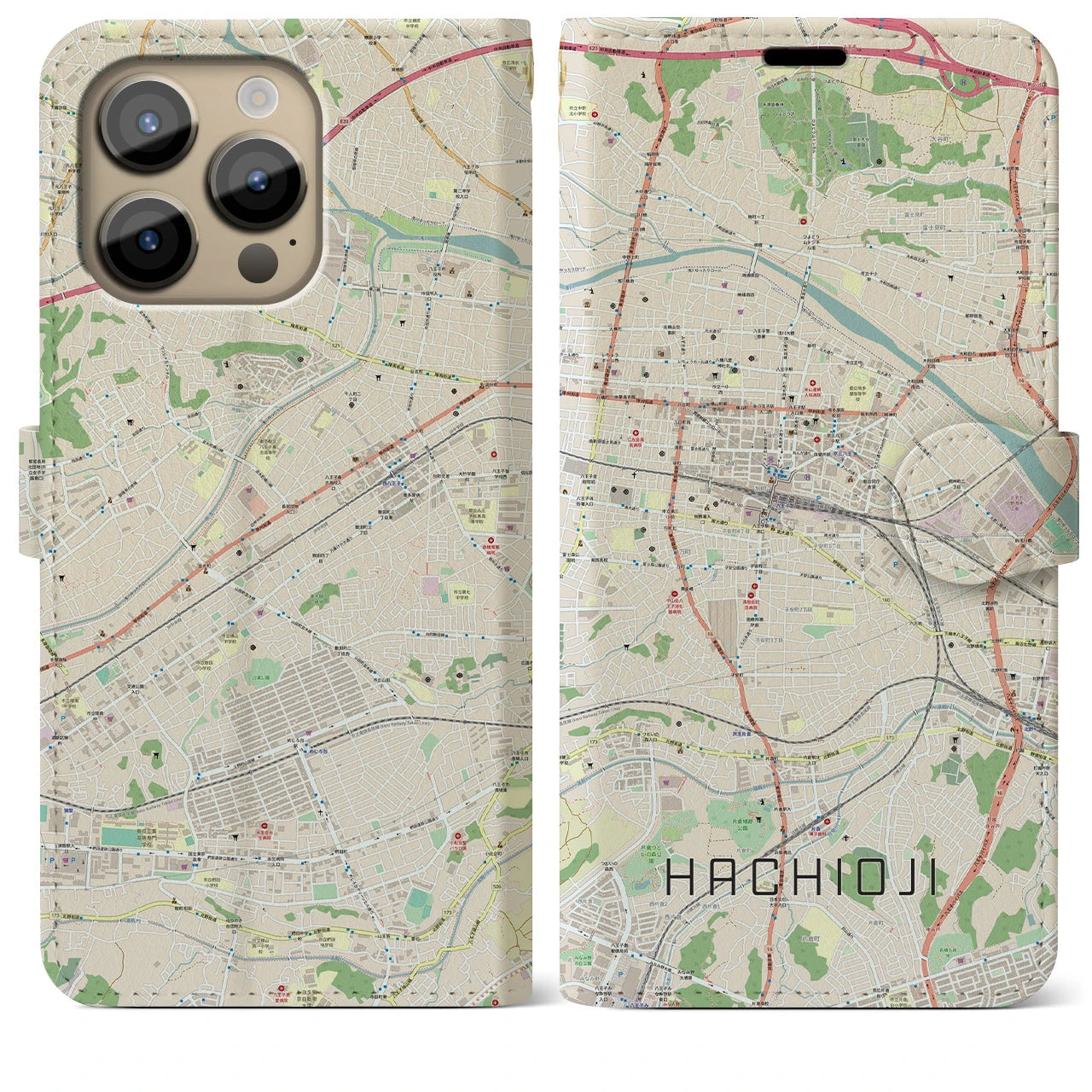 【八王子】地図柄iPhoneケース（手帳両面タイプ・ナチュラル）iPhone 14 Pro Max 用