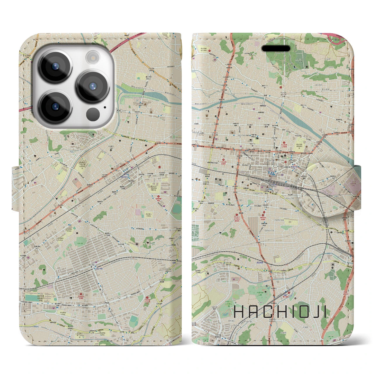 【八王子】地図柄iPhoneケース（手帳両面タイプ・ナチュラル）iPhone 14 Pro 用