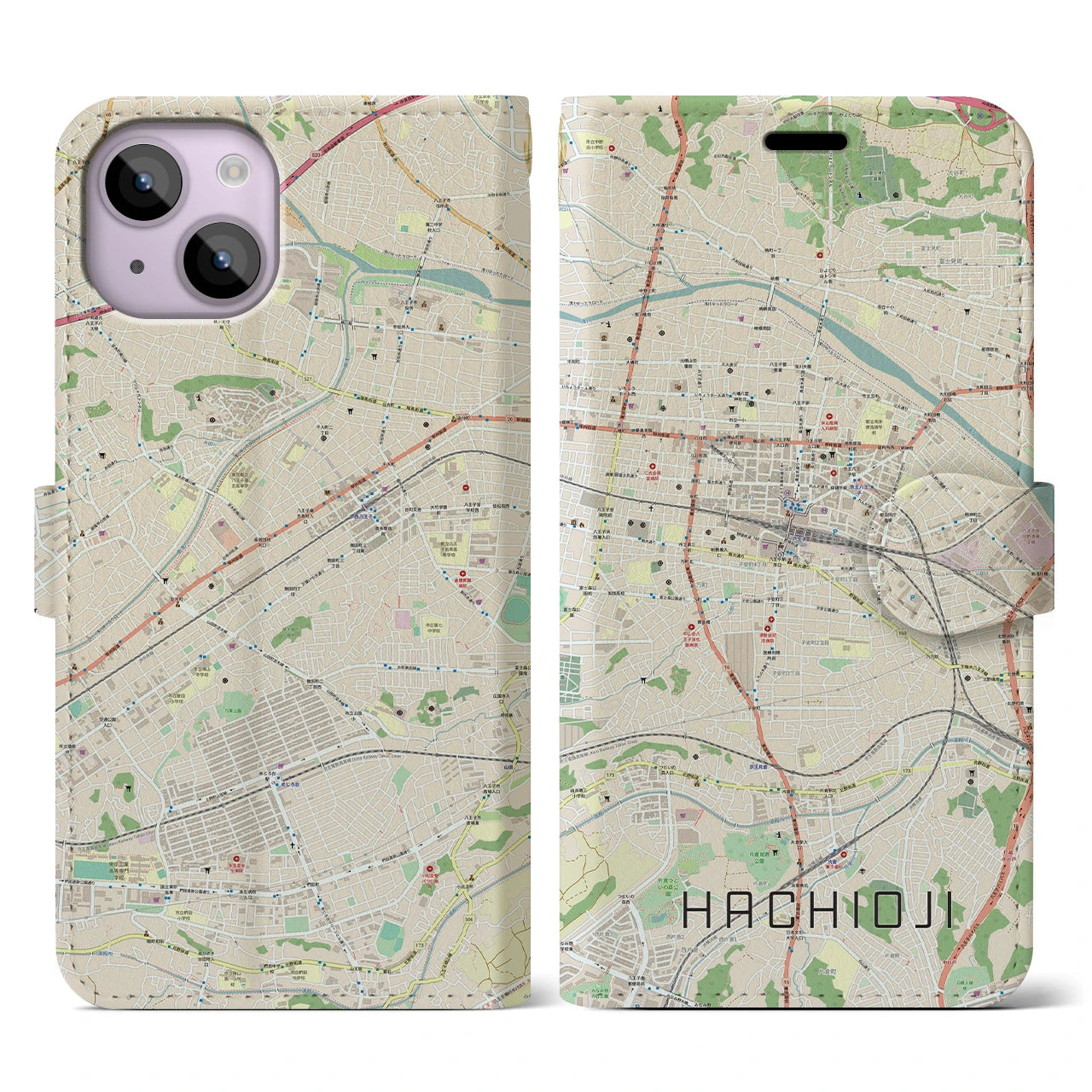 【八王子】地図柄iPhoneケース（手帳両面タイプ・ナチュラル）iPhone 14 用