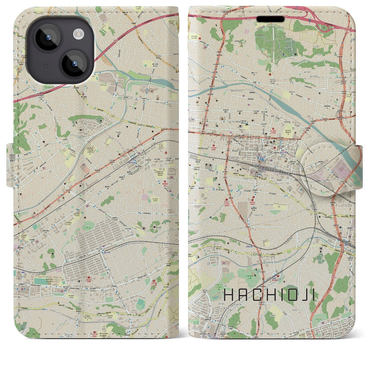 【八王子】地図柄iPhoneケース（手帳両面タイプ・ナチュラル）iPhone 14 Plus 用