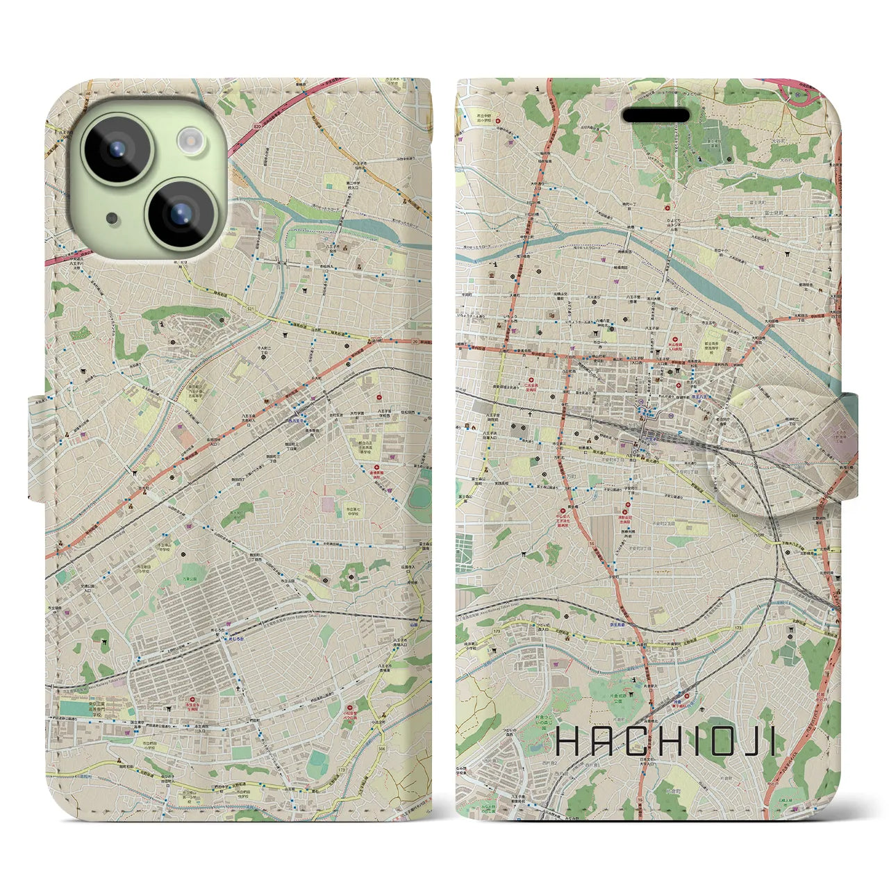 【八王子】地図柄iPhoneケース（手帳両面タイプ・ナチュラル）iPhone 15 用
