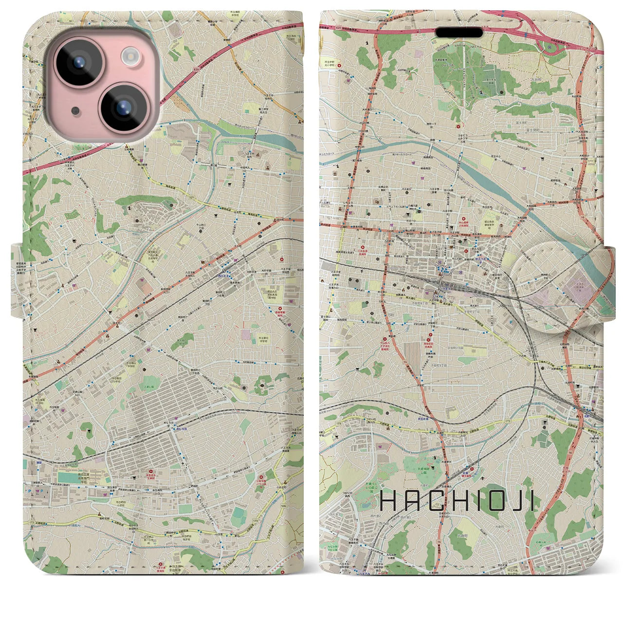 【八王子】地図柄iPhoneケース（手帳両面タイプ・ナチュラル）iPhone 15 Plus 用