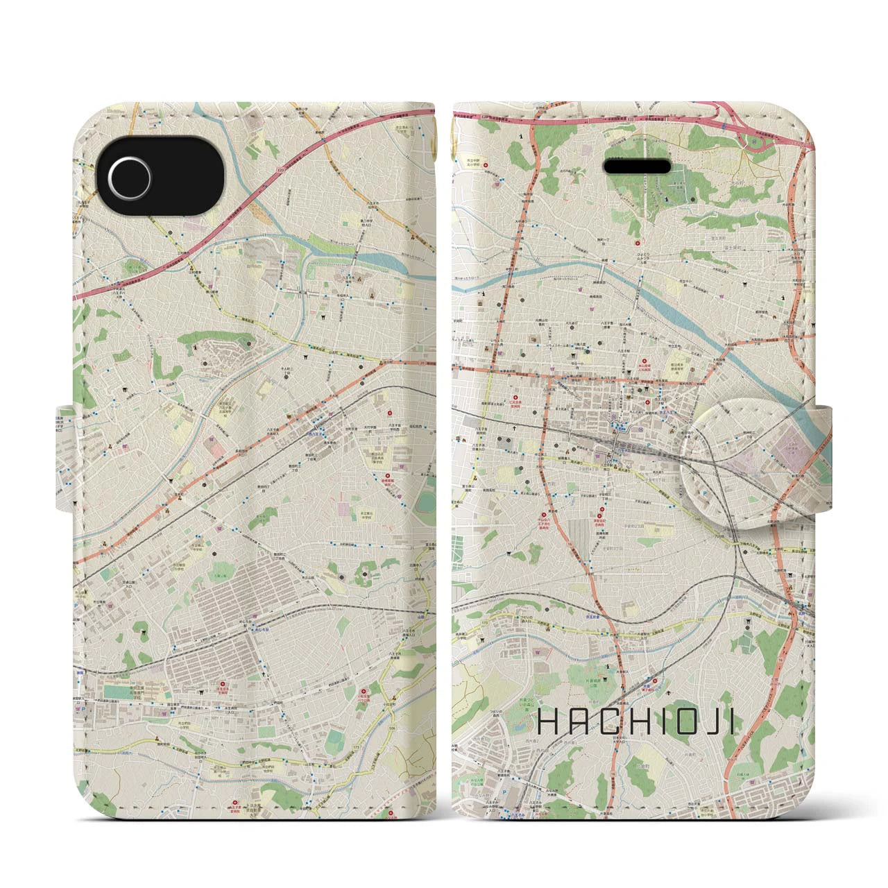 【八王子】地図柄iPhoneケース（手帳両面タイプ・ナチュラル）iPhone SE（第3 / 第2世代） / 8 / 7 / 6s / 6 用