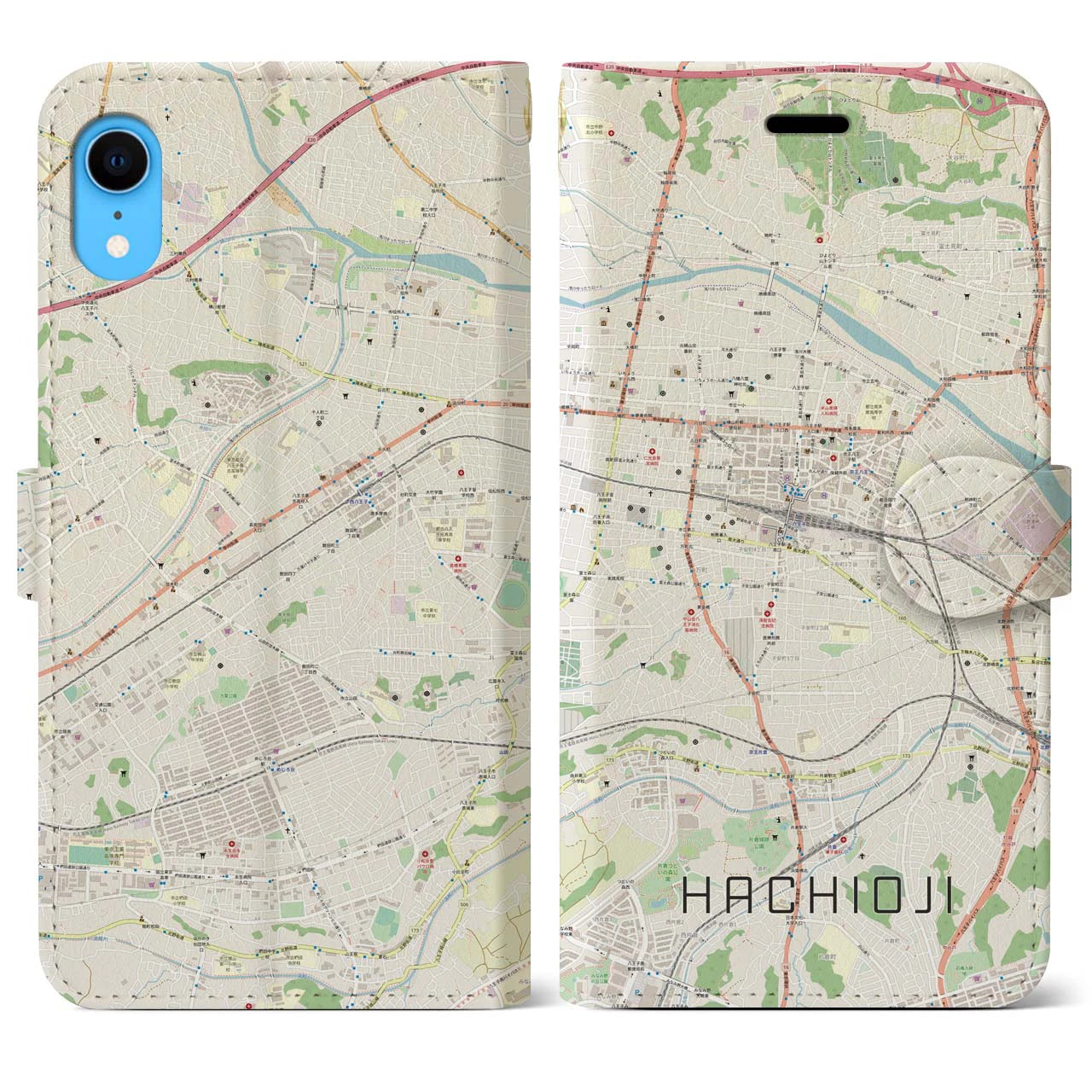 【八王子】地図柄iPhoneケース（手帳両面タイプ・ナチュラル）iPhone XR 用