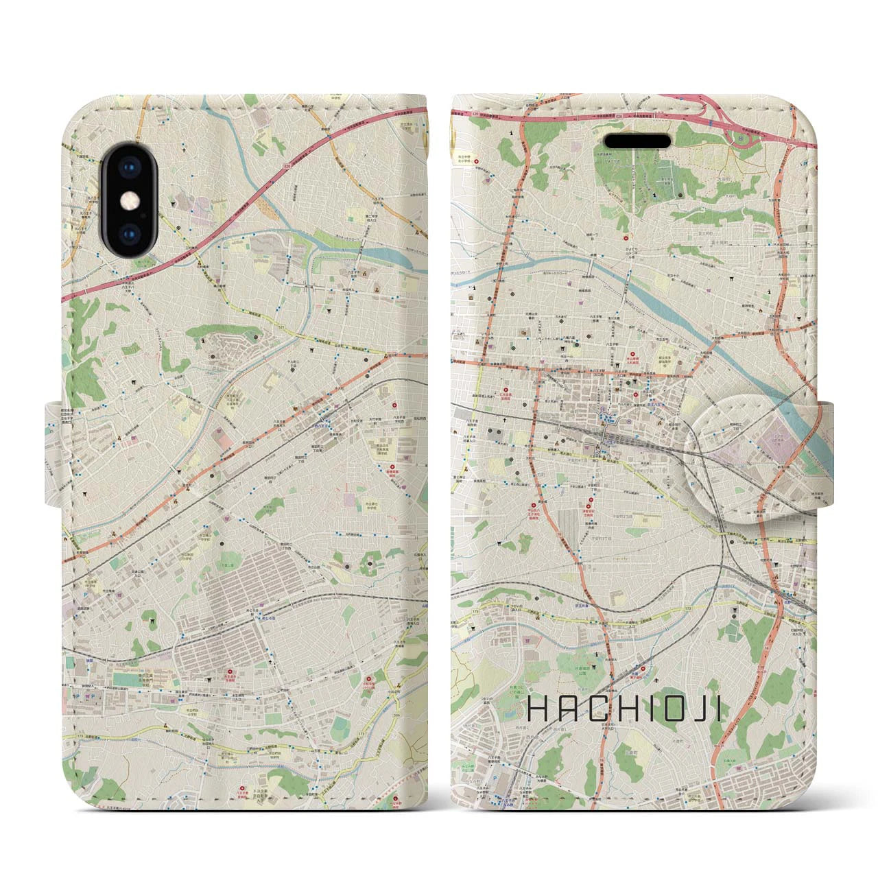 【八王子】地図柄iPhoneケース（手帳両面タイプ・ナチュラル）iPhone XS / X 用
