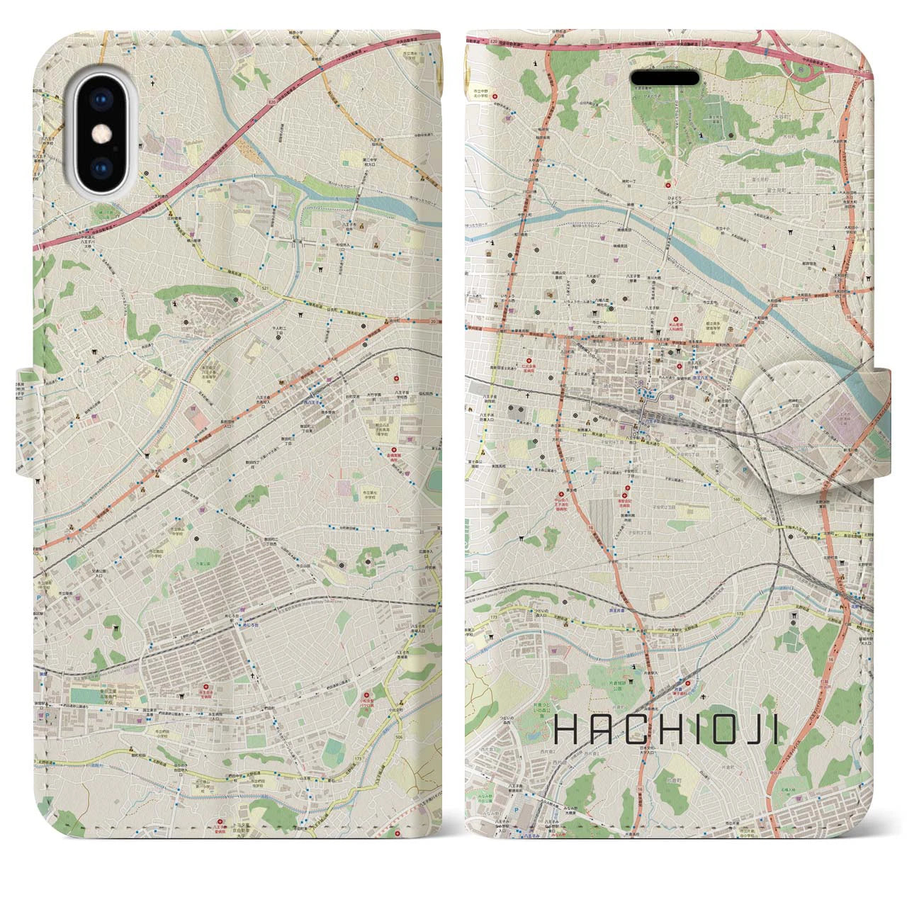 【八王子】地図柄iPhoneケース（手帳両面タイプ・ナチュラル）iPhone XS Max 用