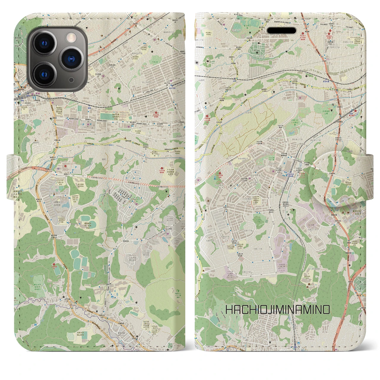 【八王子みなみ野】地図柄iPhoneケース（手帳両面タイプ・ナチュラル）iPhone 11 Pro Max 用