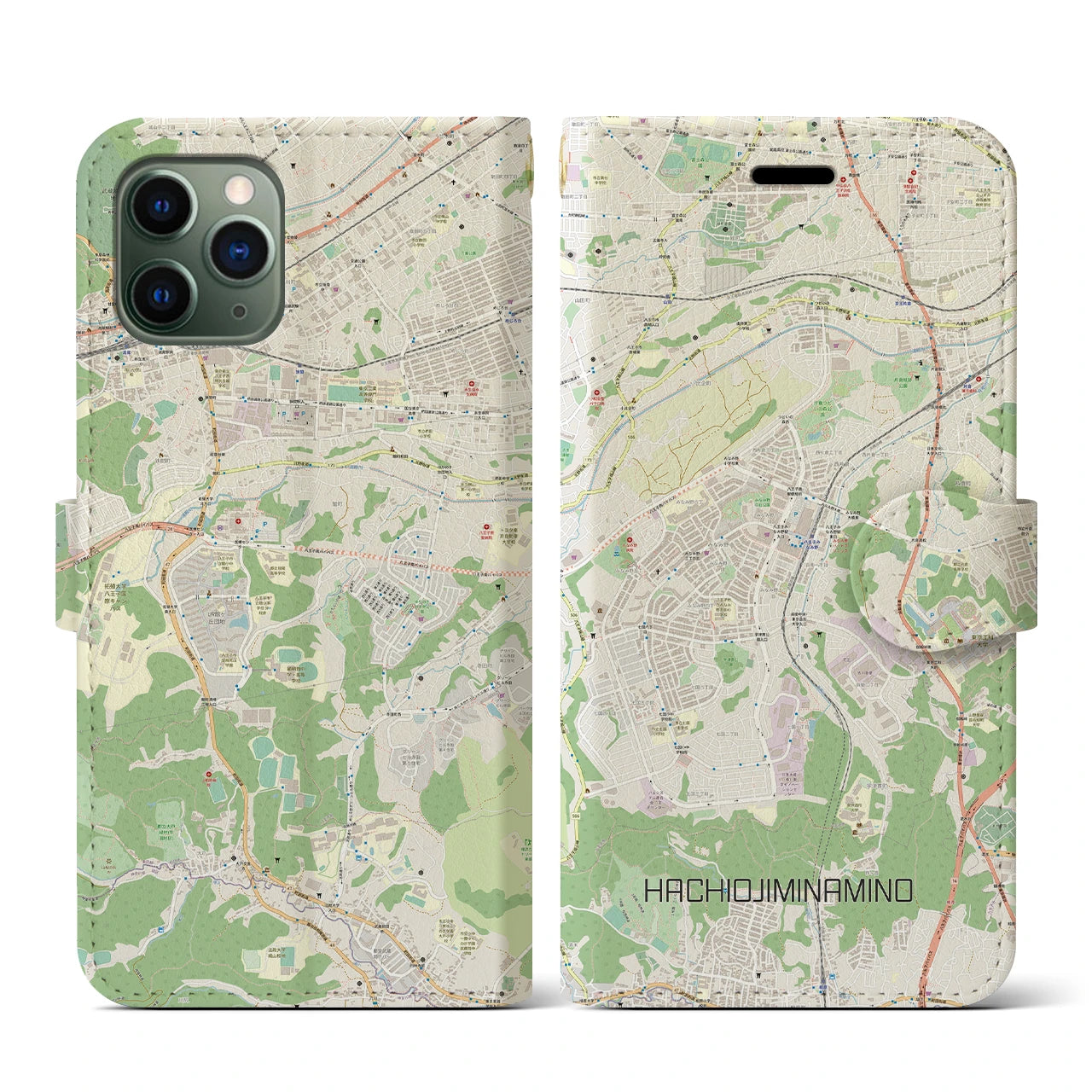 【八王子みなみ野】地図柄iPhoneケース（手帳両面タイプ・ナチュラル）iPhone 11 Pro 用